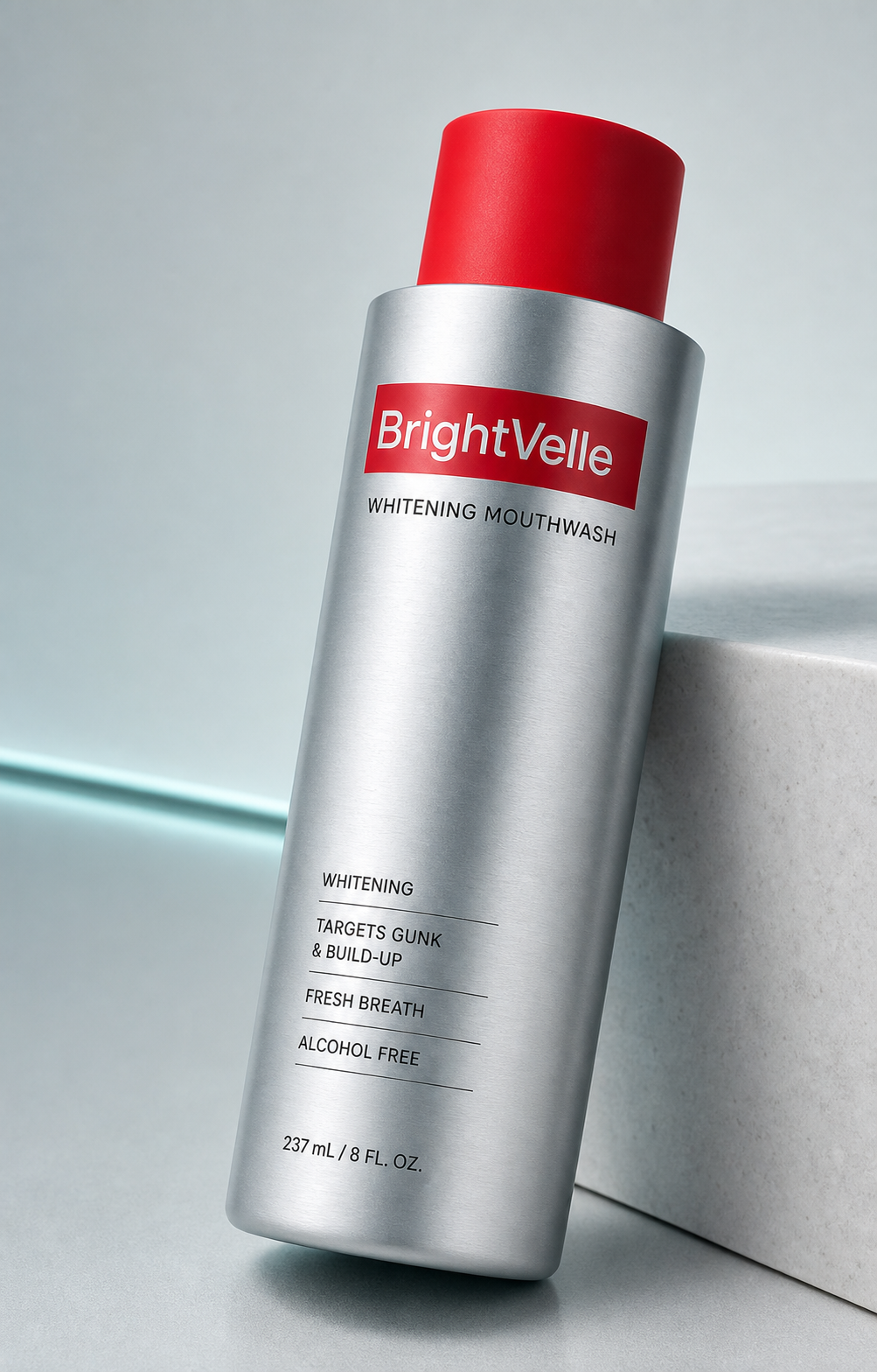 Close view of the brushed-silver BrightVelle metal container