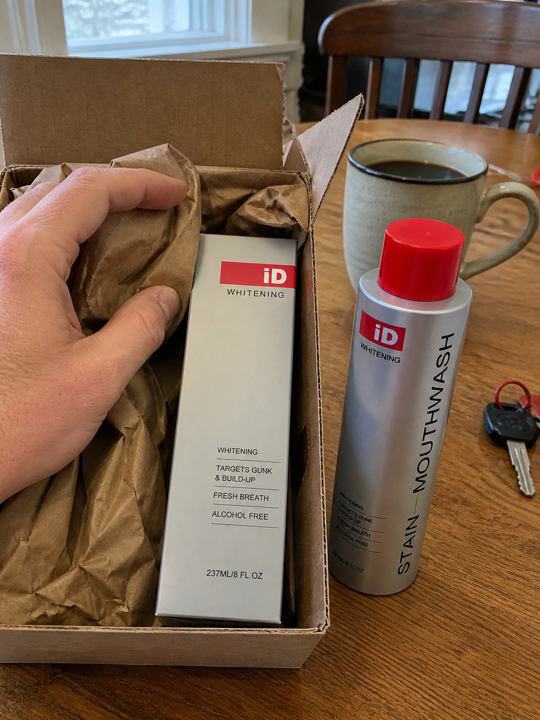 UGC-style unboxing of original iD mouthwash