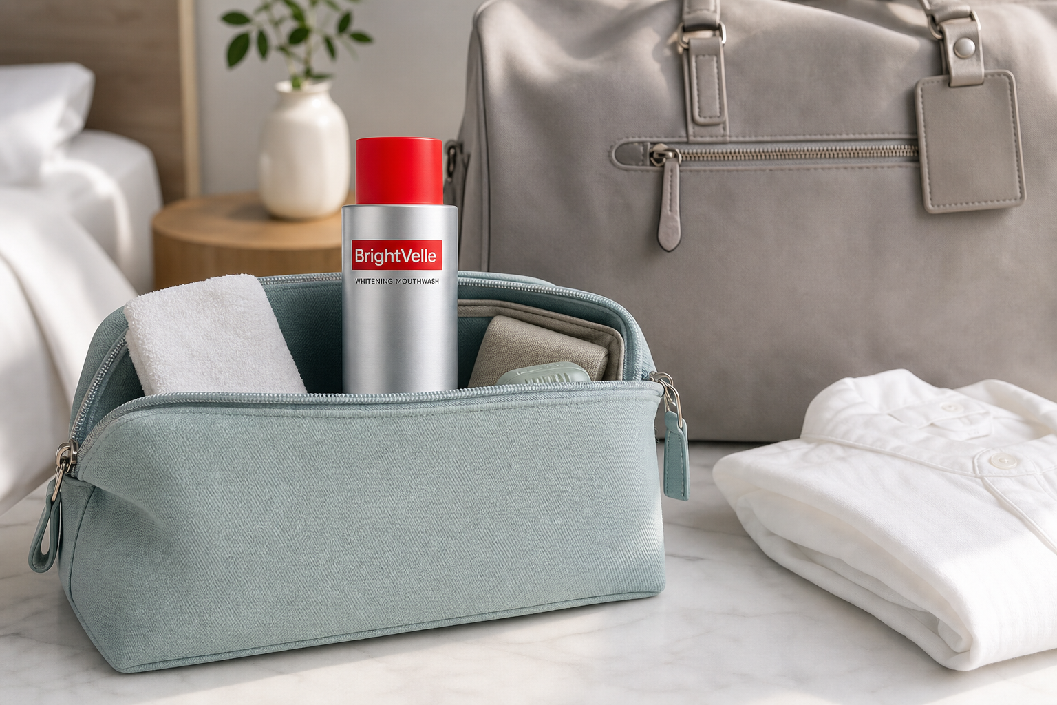 BrightVelle mouthwash packed in a weekend toiletry pouch