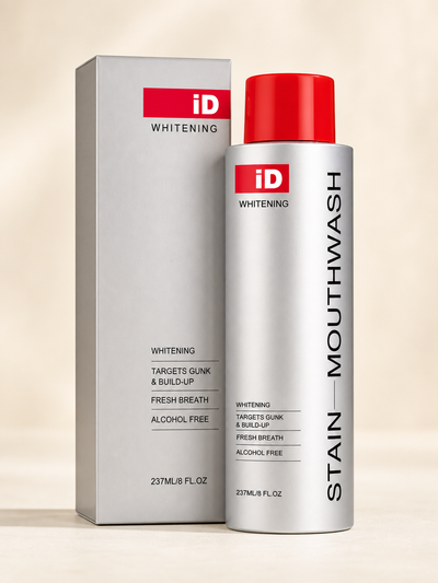 Original iD whitening mouthwash bottle and carton in a premium studio