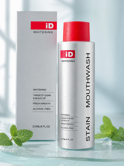 Original iD whitening mouthwash in a fresh mint studio still life