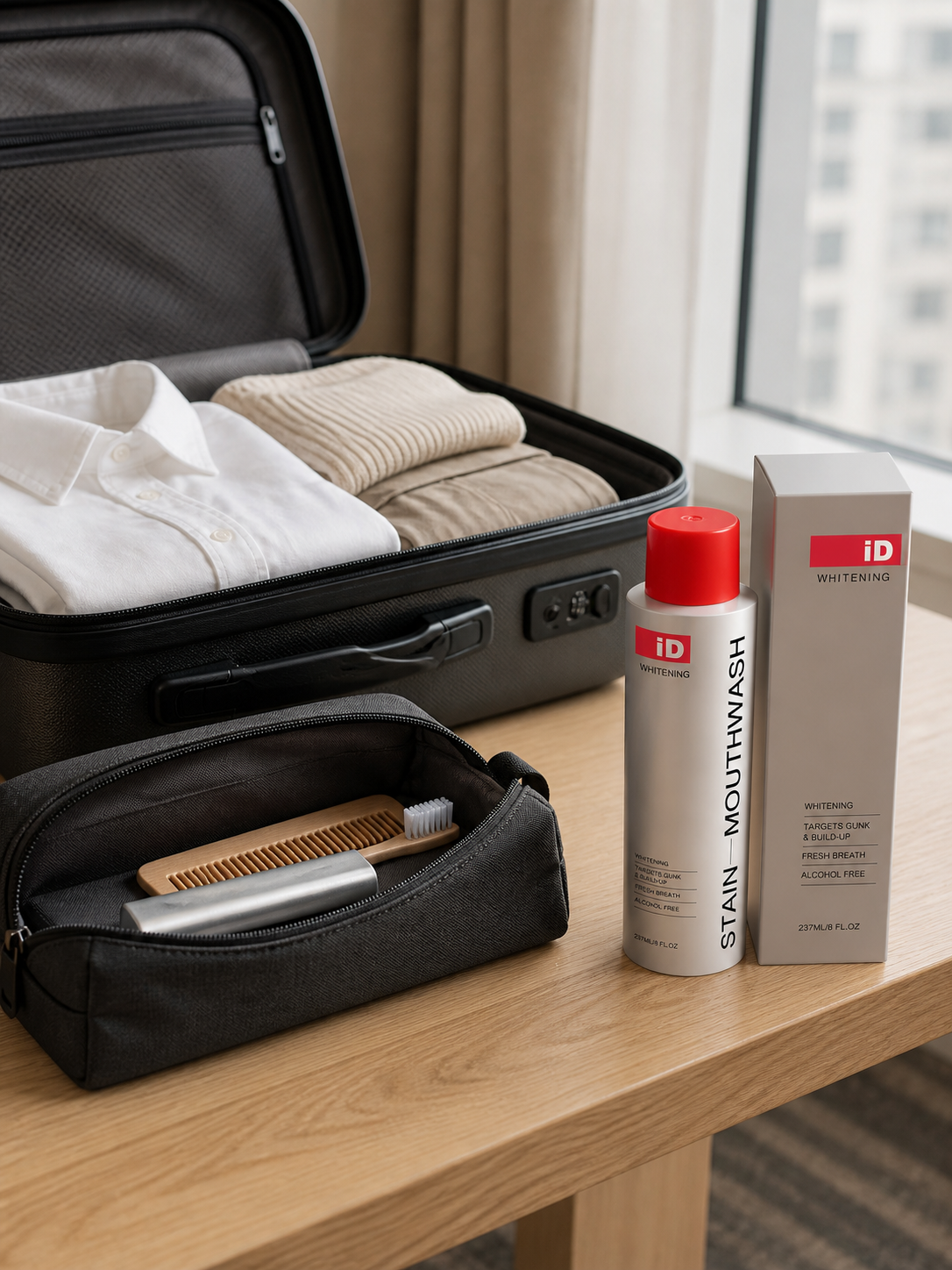 Original iD whitening mouthwash in a premium travel routine