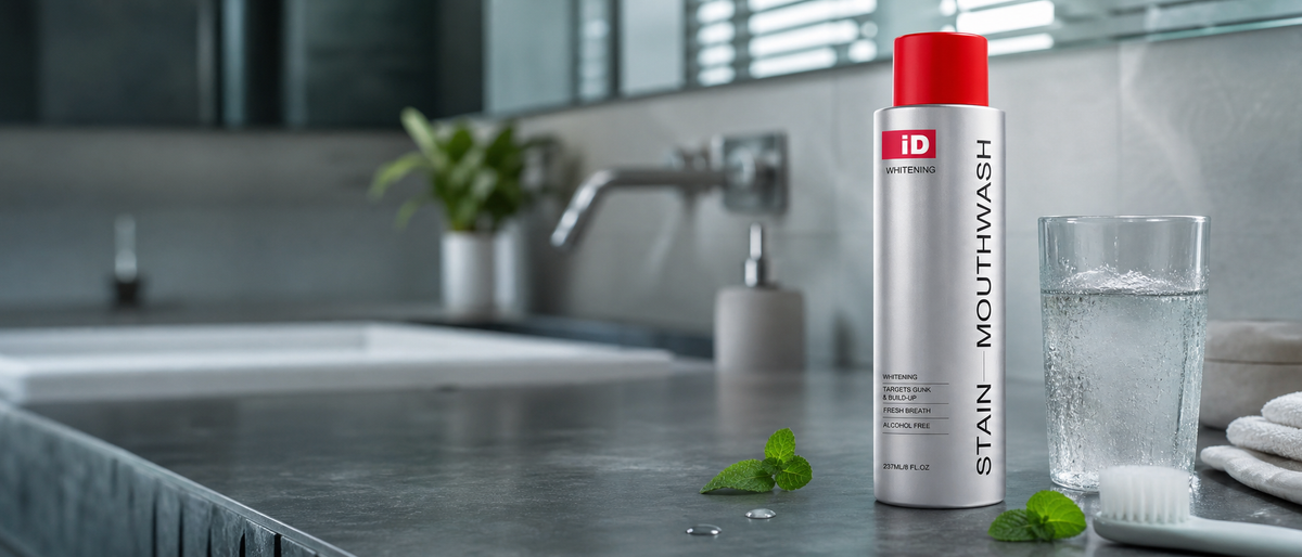 Ultra-wide mint-fresh bathroom scene with original iD mouthwash