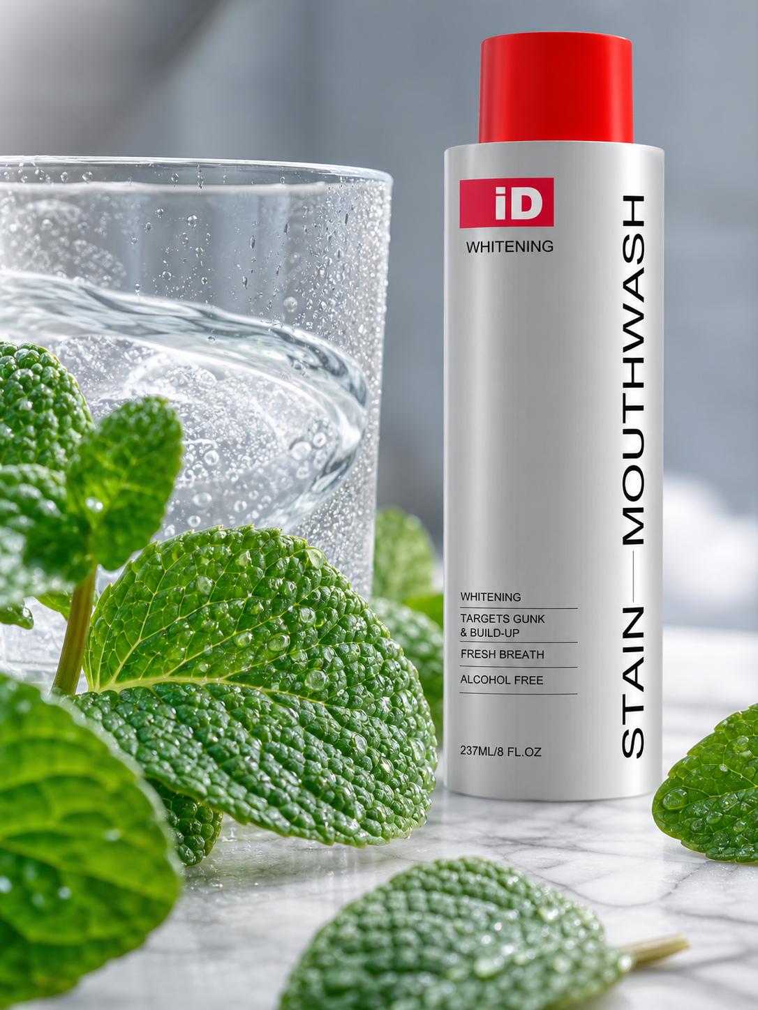 Original iD mouthwash with fresh mint and condensation