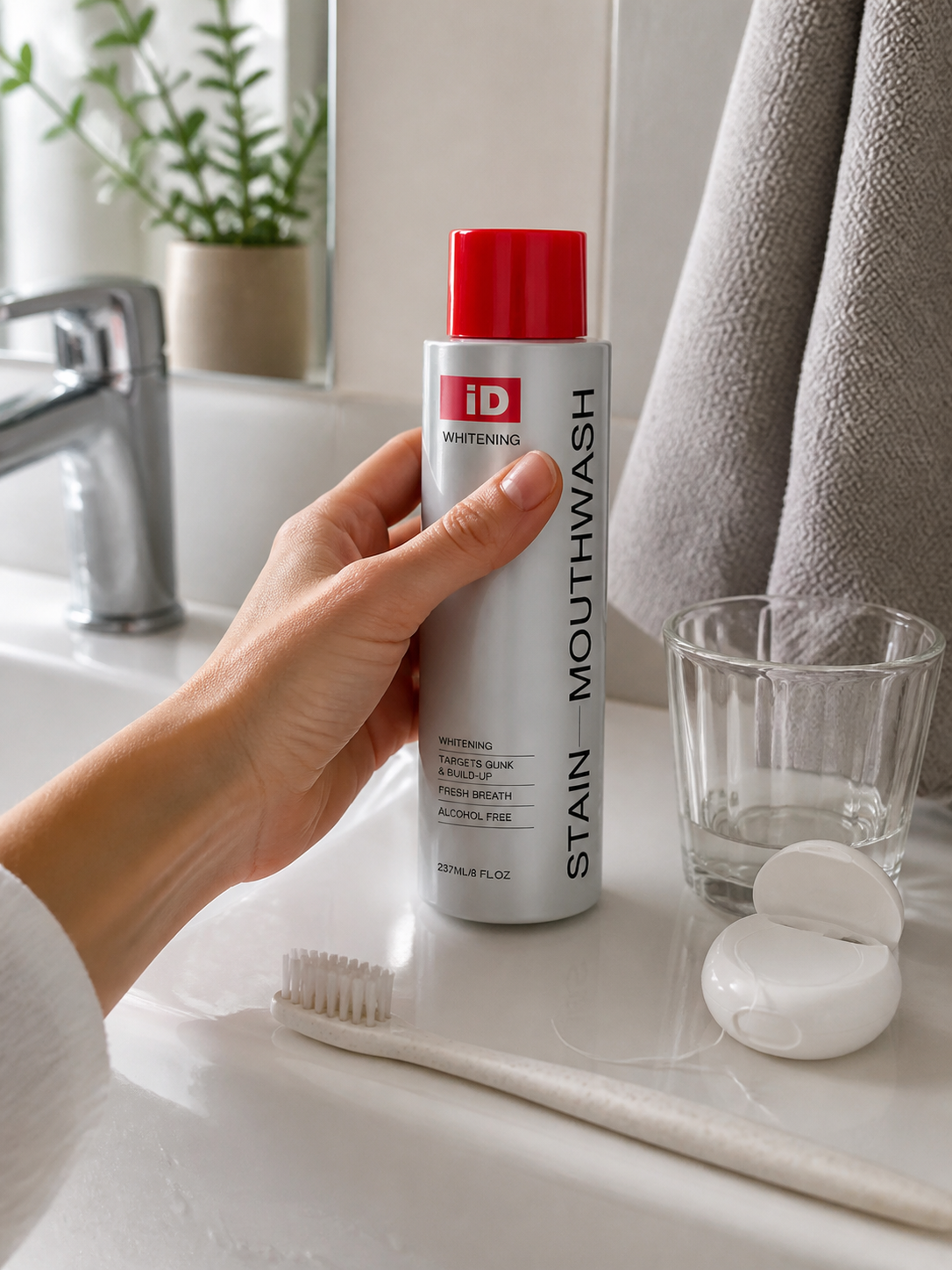 Original iD mouthwash in a simple daily bathroom routine