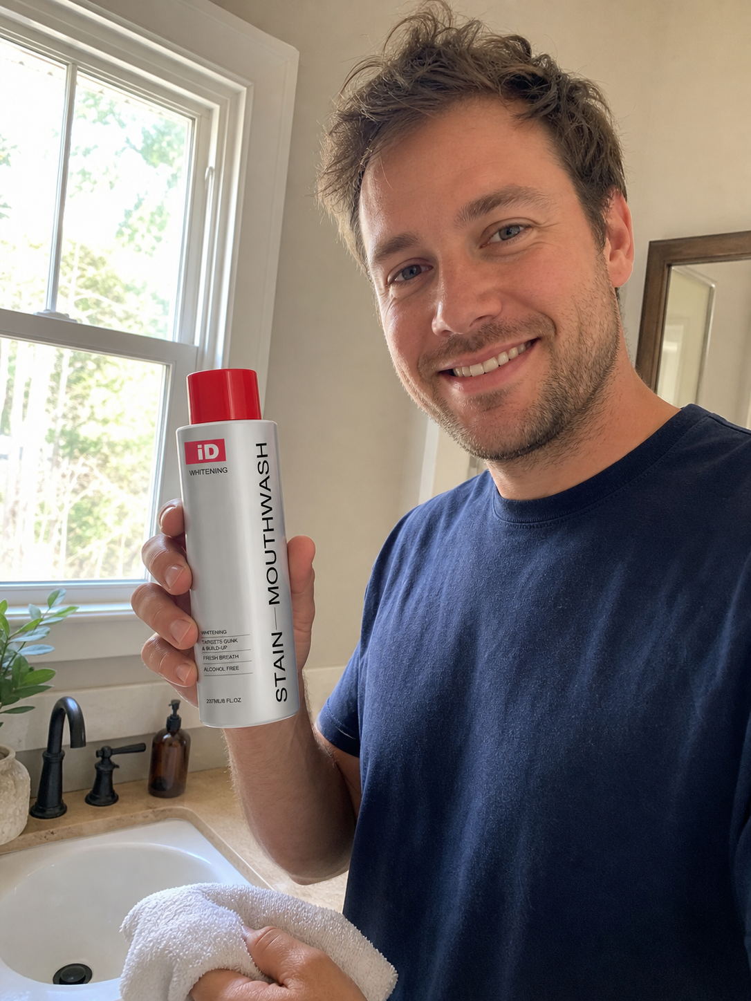 UGC-style handheld oral-care moment with original iD mouthwash
