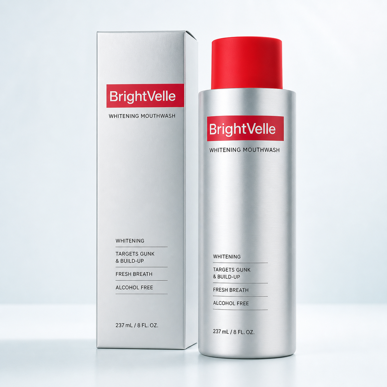 BrightVelle whitening mouthwash bottle and matching carton